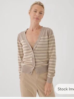 Pact Women’s Classic Fine Knit Cardigan Everyday Oat Stripe Size Large